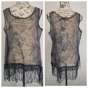 Pretty Angel Cami Tank M Silk Sheer Printed Fringe Artsy Whimsygoth Fairy Grunge